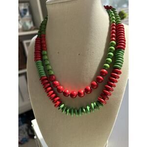 Silver Tone Red & Green Dyed Round Howlite Beaded Choker Necklace 17”